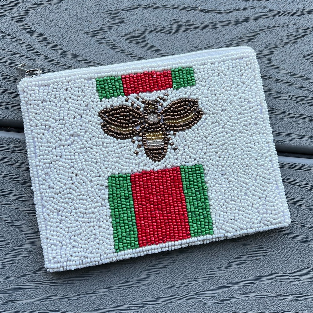 Green red Bee money beaded change credit card purse stocking stuffer cute gift